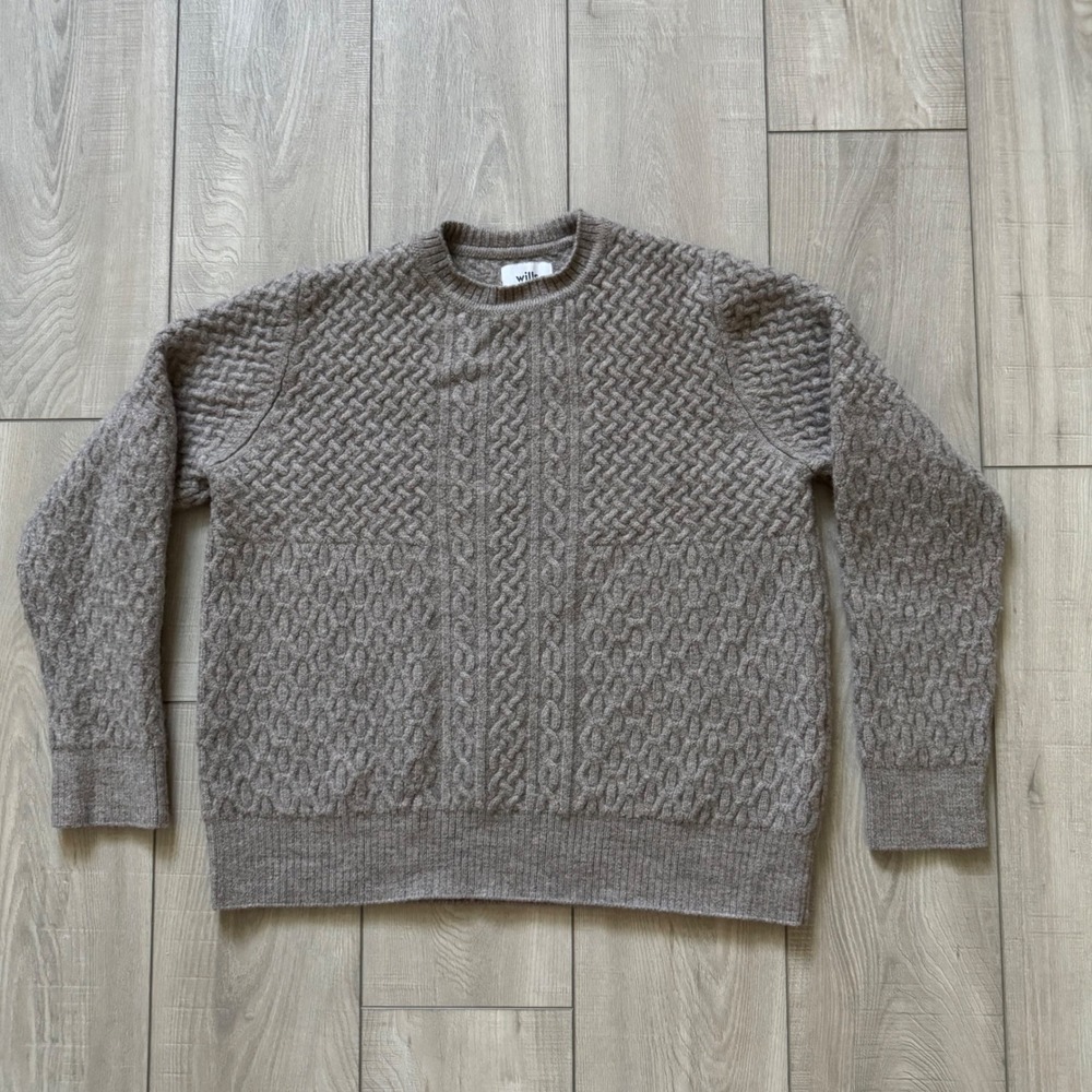 Wills Cable Knit Sweater Mens L Taupe Excellent 100% Wool Crewneck Pullover